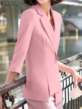 משרד ליידי בלייזר אופנה נשים דש צווארון החליפה ZANZEA בציר סימטרית אורבנית המעיל 2023 סתיו 3/4 שרוול הנסיעה להאריך ימים יותר